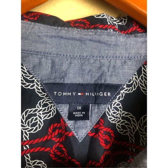 TOMMY HILFIGER Navy w/ Red & White Knotted Rope Print Tabbed Sleeve Shirt Sz 1X - Picture 5 of 13